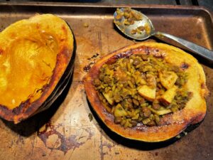 Shows how to stuff Yumbini into healthy squash - pile it high and pack it in!