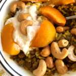 Yumbini Curried Turmeric quick Lentils and Rice is delicous with many types of fruit: apricots, raisins, mango, plums, apples, pears.