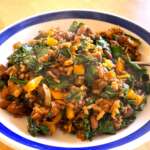 Sautee the veggies while Yumbini cooks - everything ready in 6 minutes! Yumbini Cowboy BBQ tastes great with bitter greens!