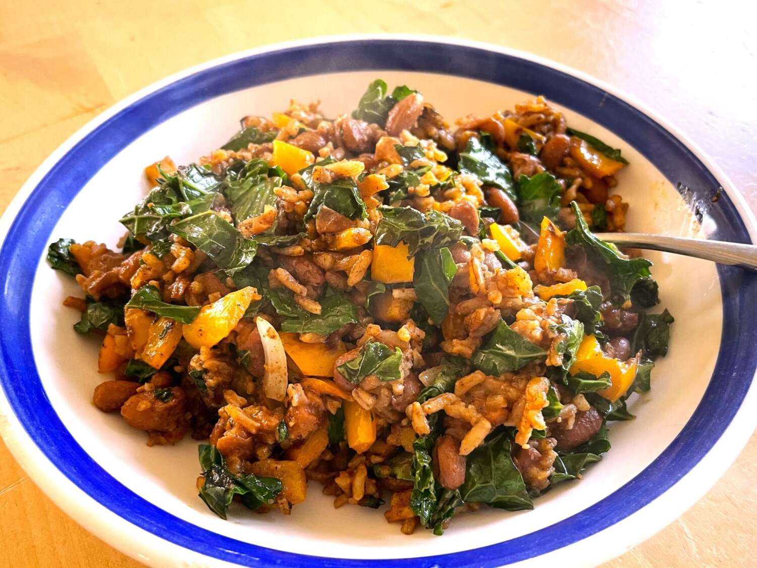 Sautee the veggies while Yumbini cooks - everything ready in 6 minutes! Yumbini Cowboy BBQ tastes great with bitter greens!