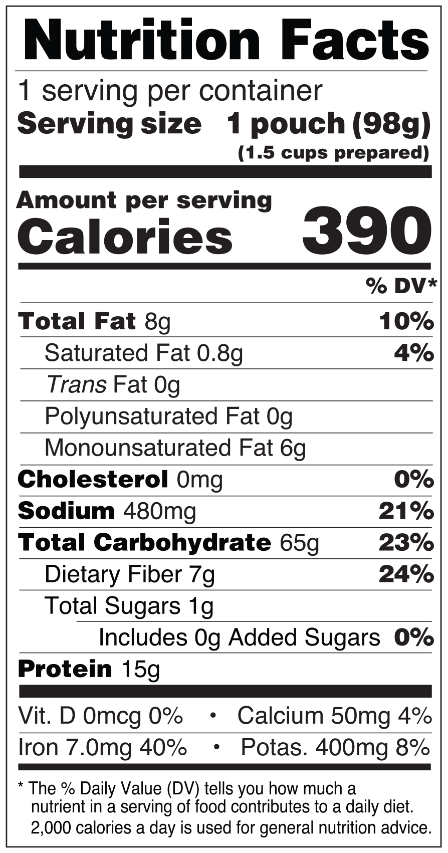 Yumbini Curried Turmeric Quick Lentils and Rice is low in saturated fat, has no cholesterol or added sugar and is very high in fiber and iron with 15g protein.