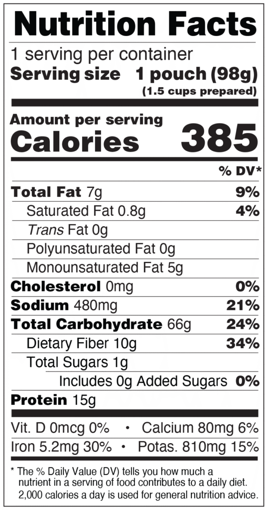 Yumbini Mild & Creamy Quick Red Beans and Rice is low in saturated fat, contains no cholesterol or added sugar, and is very high in fiber and iron with 15g protein.