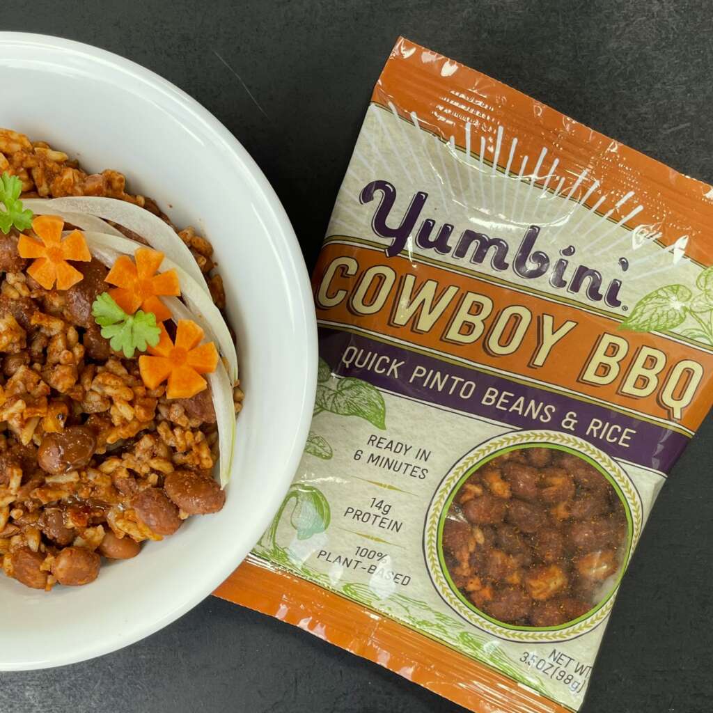Delicious BBQ beans and rice quick and easy using healthy Yumbini dry mix.