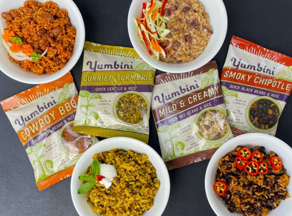 Shows how colorful and delicious Yumbini quick bean and rice combinations are.